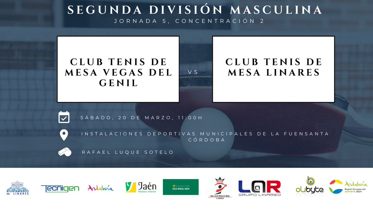 🚈Tendrá lugar en Córdoba la jornada 5 en la categoría Segunda División Masculina. Los nuestros se enfrentarán al Club Tenis de Mesa Vegas del Genil

🧐Tras vencer en el primer partido y empatar en el segundo, este encuentro pone el fin a la primera vuelta

#LinaresEsTenisDeMesa