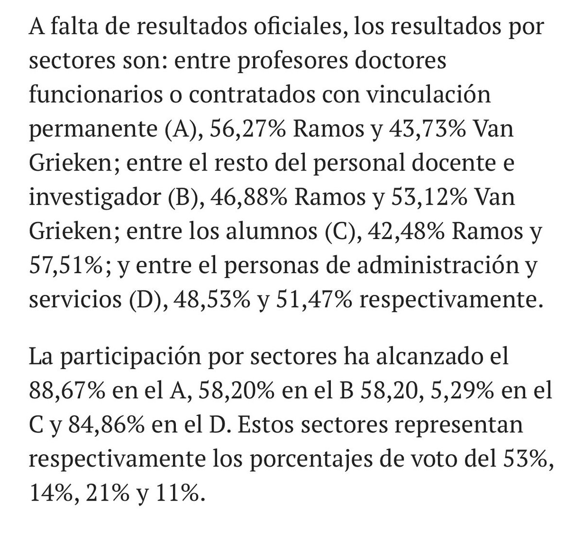 ConUrj's tweet photo. VG gana en todos los sectores menos en el A. La @urjc ha pedido un cambio de rumbo. Si no se quiere ver con estos datos es que se está demasiado cegado. Esto también es un bulo? Pues así con todo. https://t.co/derokOolkQ
