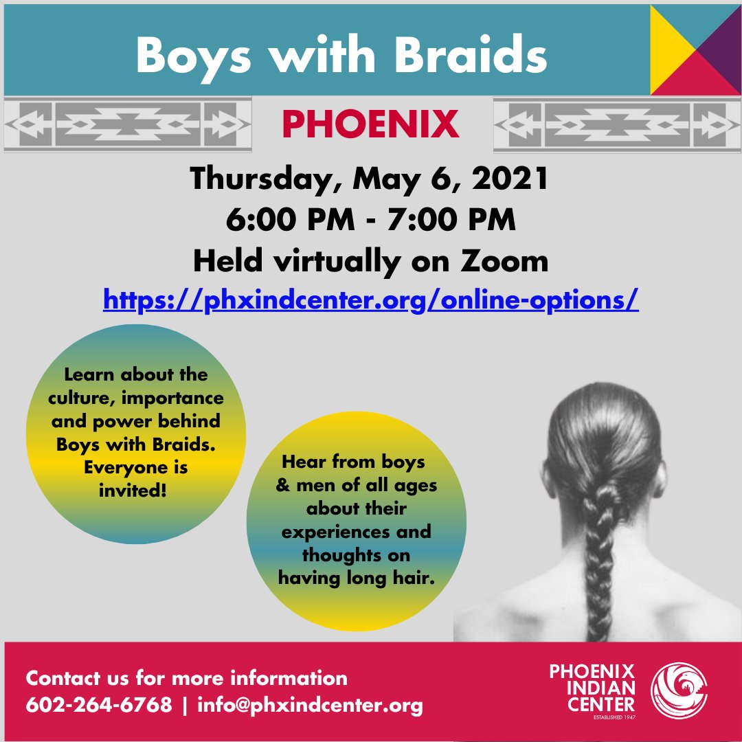 Join in on this community Boys with Braids virtual event! On May 6th, come learn about the importance and power of long hair! Boys &amp; men of all ages will discuss their experiences with long hair. Register today: phxindcenter.org/online-options/ #cultureISprevention #boyswithbraids