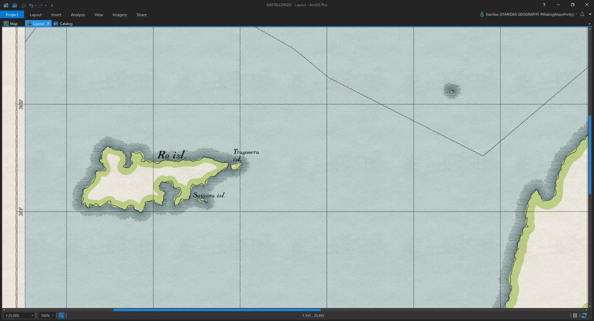 StaridasGeo's tweet photo. Sneak peek of a recipe I am cooking lately! This is a #PrettyMap for #Kastellorizo, the easternmost part of #Greece. Trying to balance between centuries of mapping. Also trying to cool my computer who's been burning to its power limits :p
#cARTography #MakingMapsPretty #ArcGISPro https://t.co/N86In8qO6A