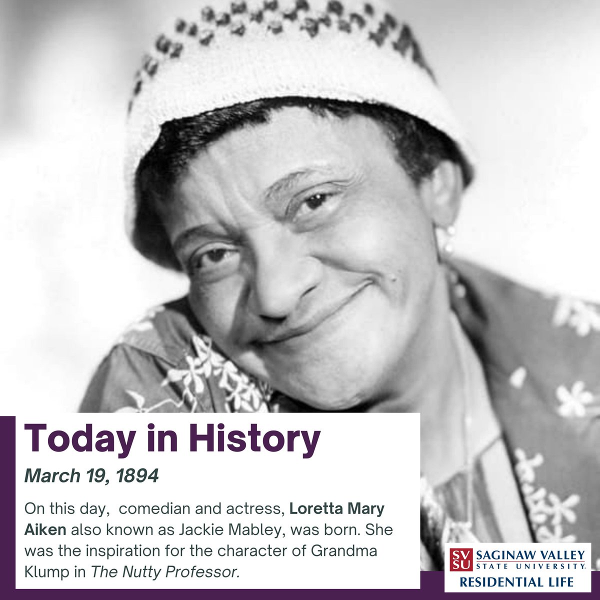 On this day in history, Loretta Mary Aiken was born! She came out in 1921 as lesbian at the age of 27, and became one of the first openly gay comedians. #FeatureFriday #SVSUResLife #svsu #WomensHistoryMonth
