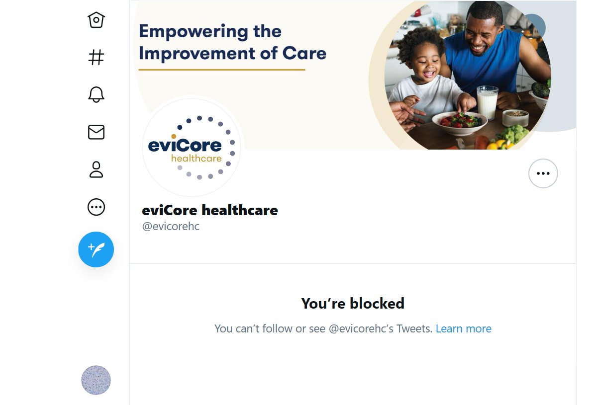 MsMCurie1's tweet photo. This is shocking and devastating, I can't believe it. @eviCorehc/#eviCore must have missed Social Media 101, where it's well established that blocking your customer/member isn't an appropriate response demonstrative of a trustworthy organization. #evictEviCore https://t.co/9VHB9Yzhud