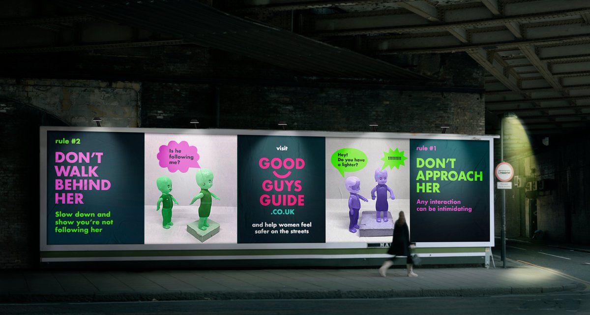 MCSaatchiLondon's tweet photo. We’re proud to launch the Good Guys Guide. A set of 7 simple ways to help women feel safer on the streets. Together with @SolaceWomensAid and @Token_man The guide is live at @good_guys_guide and will also be on outdoor sites across the UK donated by @OceanOutdoorUK https://t.co/3ka1hoUUen