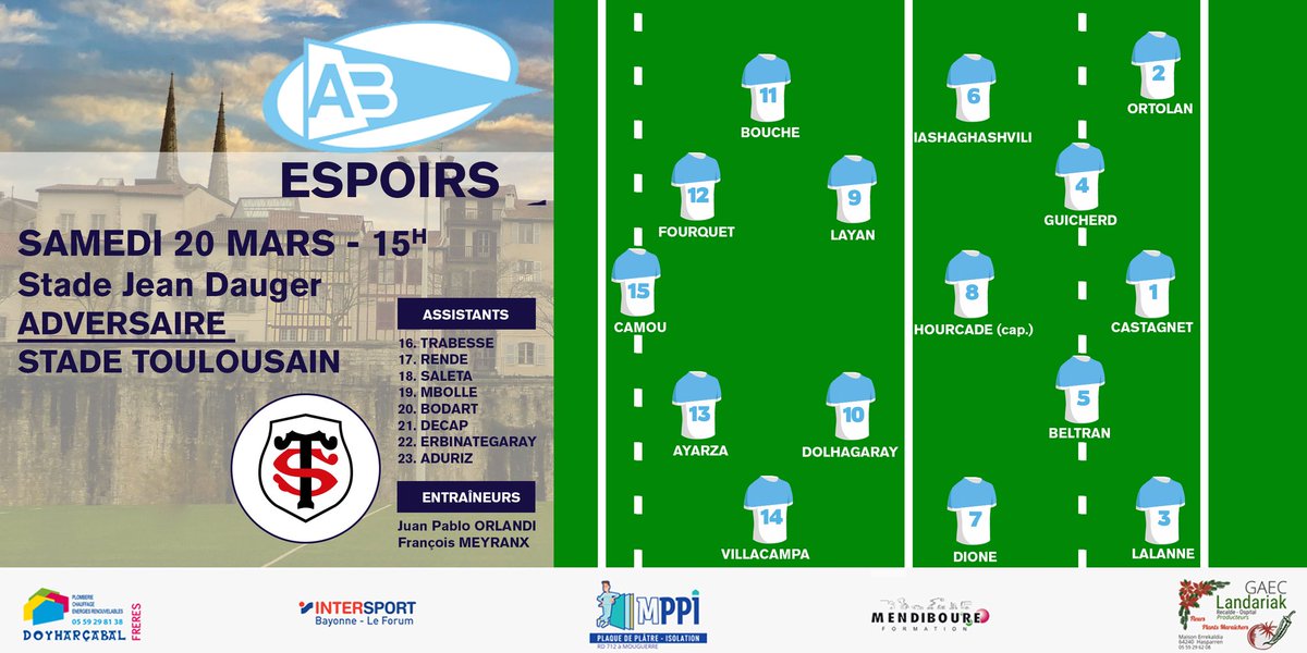 Découvrez la compo de notre équipe Espoirs🔵⚪ contre le <a href="/StadeToulousain/">Stade Toulousain</a> ⚫🔴
✅ samedi  
🕒15h.
🏟stade Jean Dauger
🎥📲 en direct video sur <a href="/Infogarazi2/">Infogarazi</a> 
Infographie :@Florian32740977