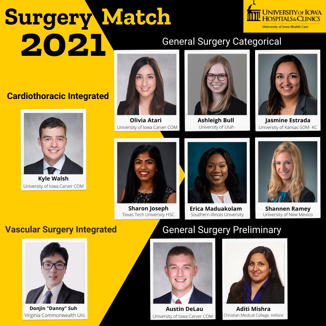 We are so excited to announce our new incoming residents starting July 2021! Welcome to the @UIowa_Surgery and @uihealthcare family! #MatchDay2021 #Gensurgmatch2021 #vascsurg #CTSurgery