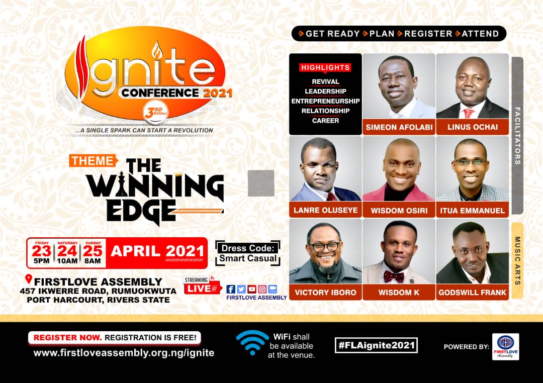 RPharez's tweet image. Ignite Conference 2021 is a Revival, Career, Relationship, Leadership and
Entrepreneurship event powered by FIRSTLOVE Assembly with the aim of equipping and developing the youths to be impactful in the society. 
#FLAignite2021 #igniteconference
#FirstloveAssembly 
#FLARumuokwuta