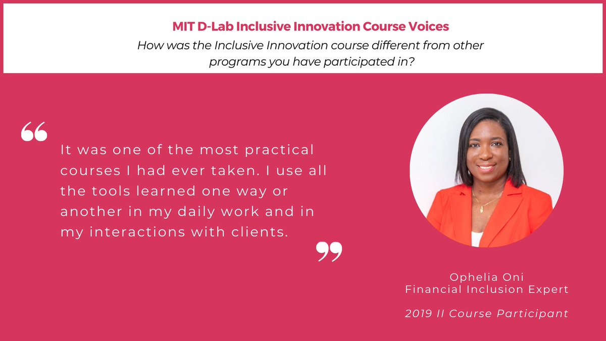 MITProfessional's tweet image. This week&apos;s #MITDLab Inclusive Innovation Course Voices series features Ophelia Oni who is a Financial Inclusion Expert!  Find out more and register for our #InclusiveInnovation course at bddy.me/2OOy1qw