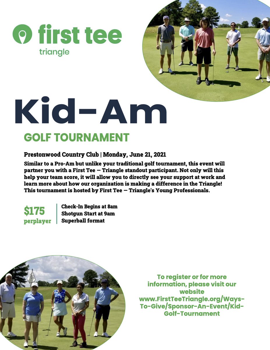 Registration for the First Tee of the Triangle's Kid-Am Golf Tournament is now live! 

To Register: firstteetriangle.org/Ways-To-Give/S…
For Sponsorship Opportunities: firstteetriangle.org/wp-content/upl…