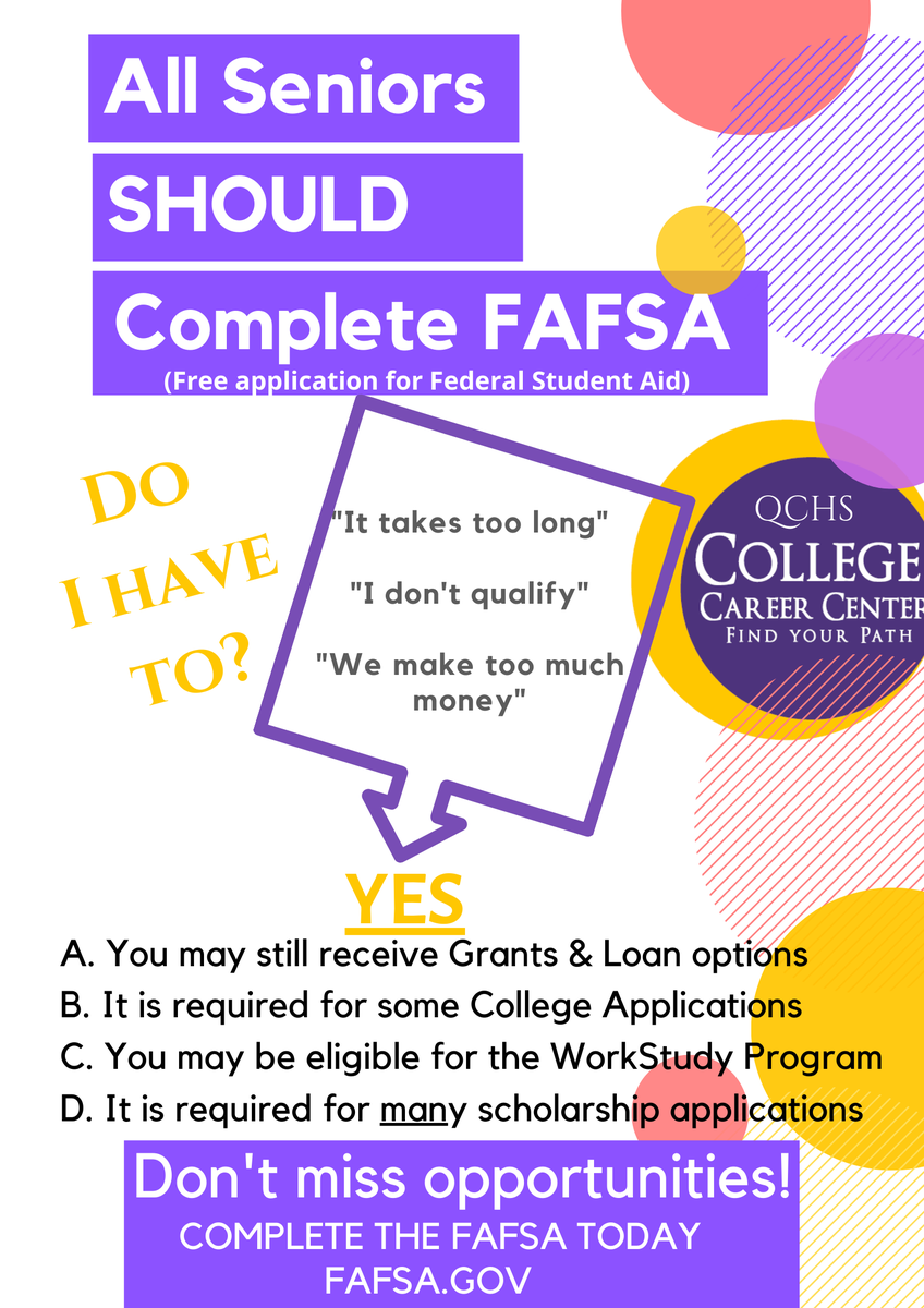 QCHS_CCC's tweet photo. You #haftaFAFSA! It's really that simple. ALL Bulldog seniors should complete the FAFSA (Free Application for Federal Student Aid) application. @BenjiFafsa @CollegeGoalAZ #FAFSAchallenge
#QCLeads #fundyourpath @qcusd @QCBulldogs https://t.co/k1d6JMHEBW