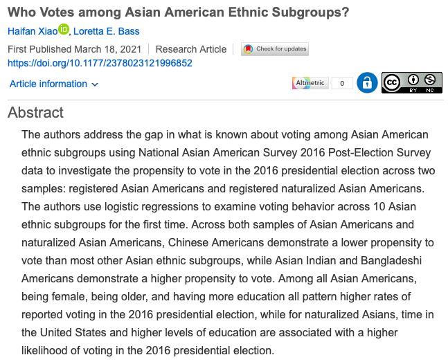 SociusJournal's tweet photo. NEW #OA research - "Who Votes among Asian American Ethnic Subgroups?" by @CharlotteHAIFAN and @Another_France is out now!

https://t.co/Aa8k32D7jf

#soctwitter #openaccess #openscience #opensociology https://t.co/kq4Dcr5NEz