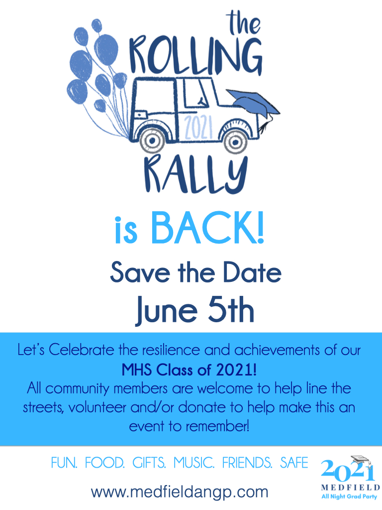 On 6/5, Seniors will have a Rolling Rally &amp; Party in the Park. This will be a safe, supervised &amp; substance-free celebration. This event is dependent on donations from our generous community. Visit our website to volunteer/donate.  medfieldangp.com #medfieldps <a href="/MedfieldHS/">Robert Parga</a>