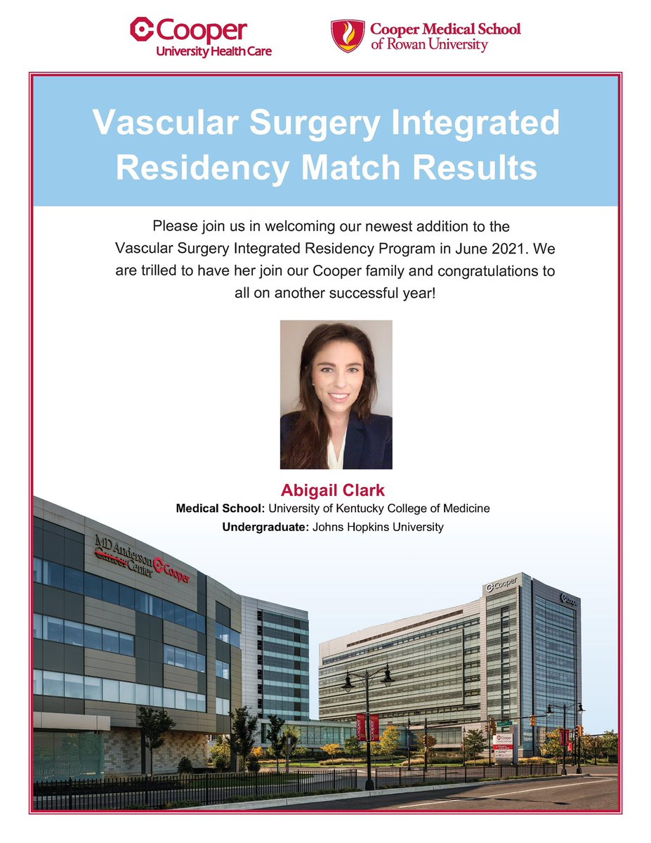 Joseph V. Lombardi MD MBA (@vascsurgmd) on Twitter photo Congratulations to all our colleagues and applicants on the match ! Cooper is happy to welcome Abigail Clark to our vascular Family. <a href="/CooperVascular/">Cooper Vascular Surgery Residency</a> #vascsurg #MatchDay2021 Congratulations to all our colleagues and applicants on the match ! Cooper is happy to welcome Abigail Clark to our vascular Family. <a href="/CooperVascular/">Cooper Vascular Surgery Residency</a> #vascsurg #MatchDay2021