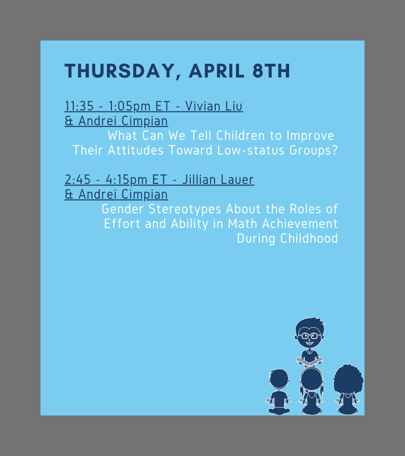 AndreiCimpian's tweet image. Our lab&apos;s #SRCD2021 presentations, organized by day/time! Featuring the fabulous @sophieharnold @ahbailey04 @thekateblock @J_Gladstone7 @melismuradoglu @AndreaCVial + Jillian Lauer and Vivian Liu, who aren&apos;t on Twitter!

Looking forward!!! Hope to see you there! 

👇 👇 👇