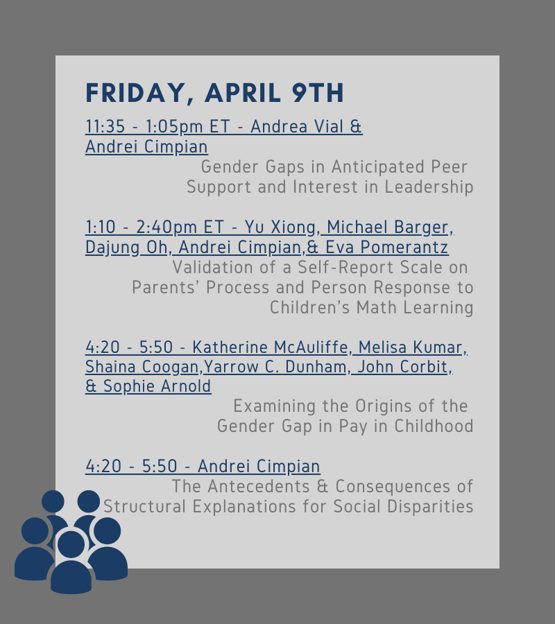 AndreiCimpian's tweet image. Our lab&apos;s #SRCD2021 presentations, organized by day/time! Featuring the fabulous @sophieharnold @ahbailey04 @thekateblock @J_Gladstone7 @melismuradoglu @AndreaCVial + Jillian Lauer and Vivian Liu, who aren&apos;t on Twitter!

Looking forward!!! Hope to see you there! 

👇 👇 👇