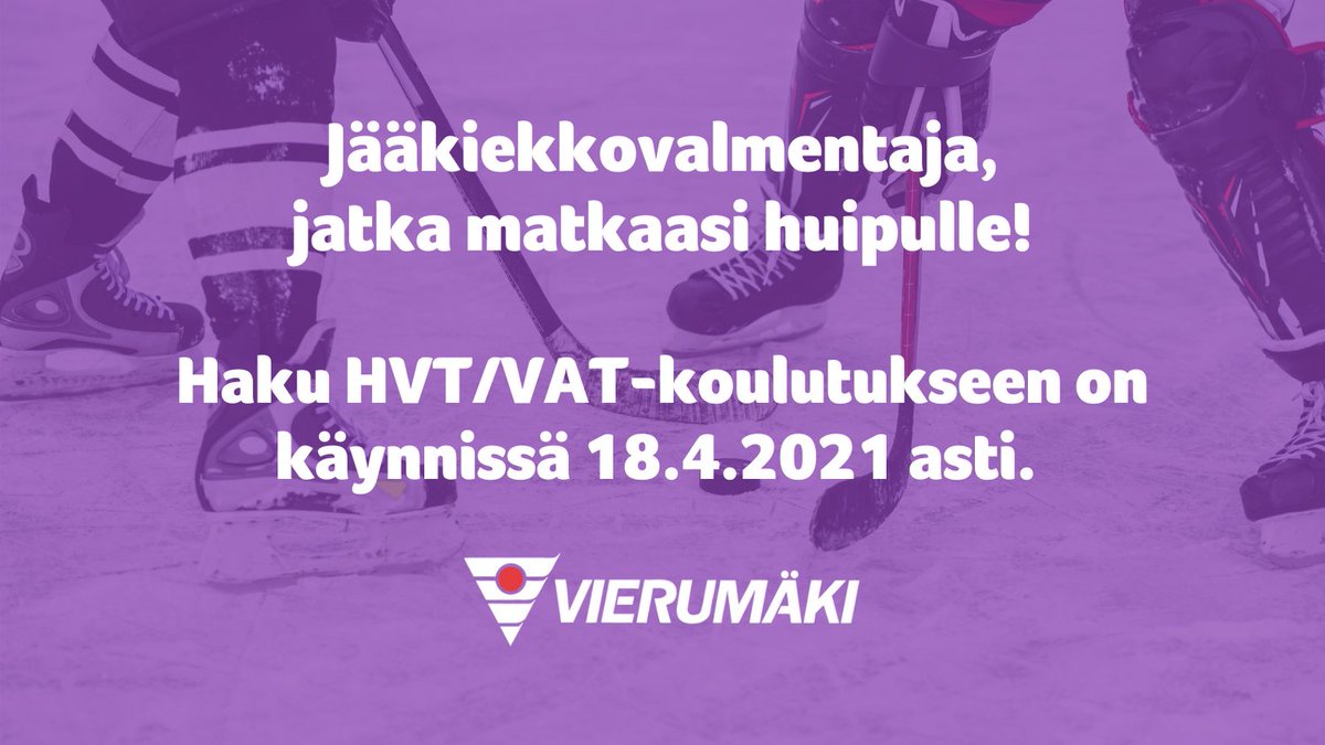 Vierumaki's tweet photo. Jääkiekkovalmentaja, syvennä osaamistasi 1,5 vuoden mittaisessa koulutuksessa! HVT/VAT sisältää liikunnan ja valmennuksen ammattitutkinnon (valmennuksen osaamisala) sekä Suomen Jääkiekkoliiton ylimmän tason lajitutkinnon. Haku käynnissä 18.4.21 asti! 👉🏼https://t.co/3C2xYjJAgg https://t.co/4EttbDegjV