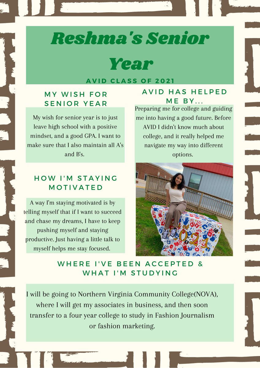 TCW_AVID's tweet photo. For Reshma M. this year has been about staying focused and having a positive mindset, two things that will serve her well at @NOVAcommcollege #ThisisAVID #TitansRising #Classof2021 https://t.co/lWkWAiF9k5
