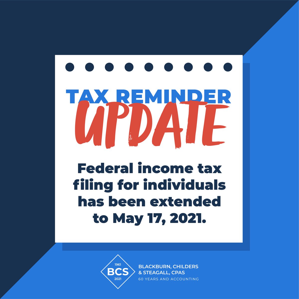 The federal income tax filing deadline has been extended for individuals to May 17, 2021. Read more about the key details on our blog: bcscpa.com/irs-announces-…  #taxseason #accounting #cpa