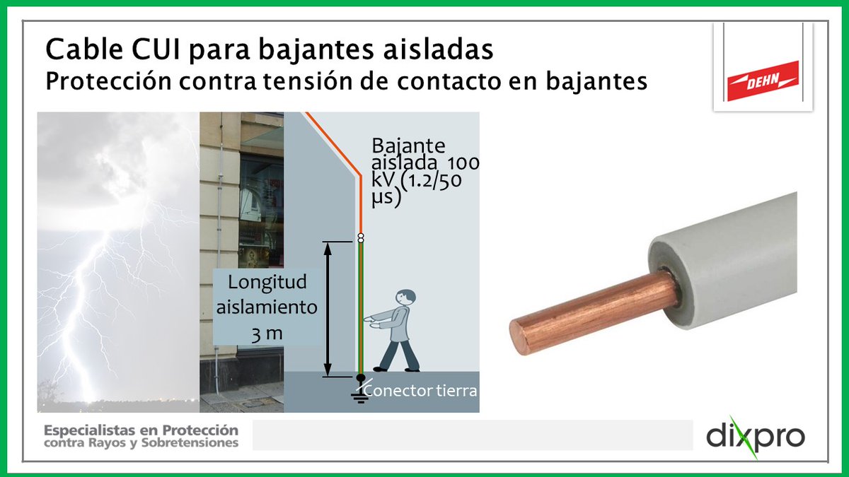 El aislamiento de una bajante exterior se proporciona dando una tensión soportada de impulso de 100 kV, 1,2 / 50 μs, p. polietileno reticulado de al menos 3 mm.
dehn.es/store/p/es-DE/… 
dixpro.com/pages/proray14