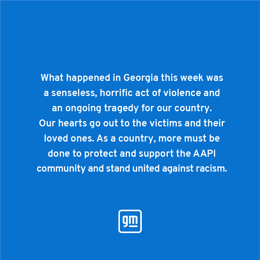 GM's tweet photo. We stand in solidarity with the AAPI community. #StopAsianHate https://t.co/dvlhLIwuT5