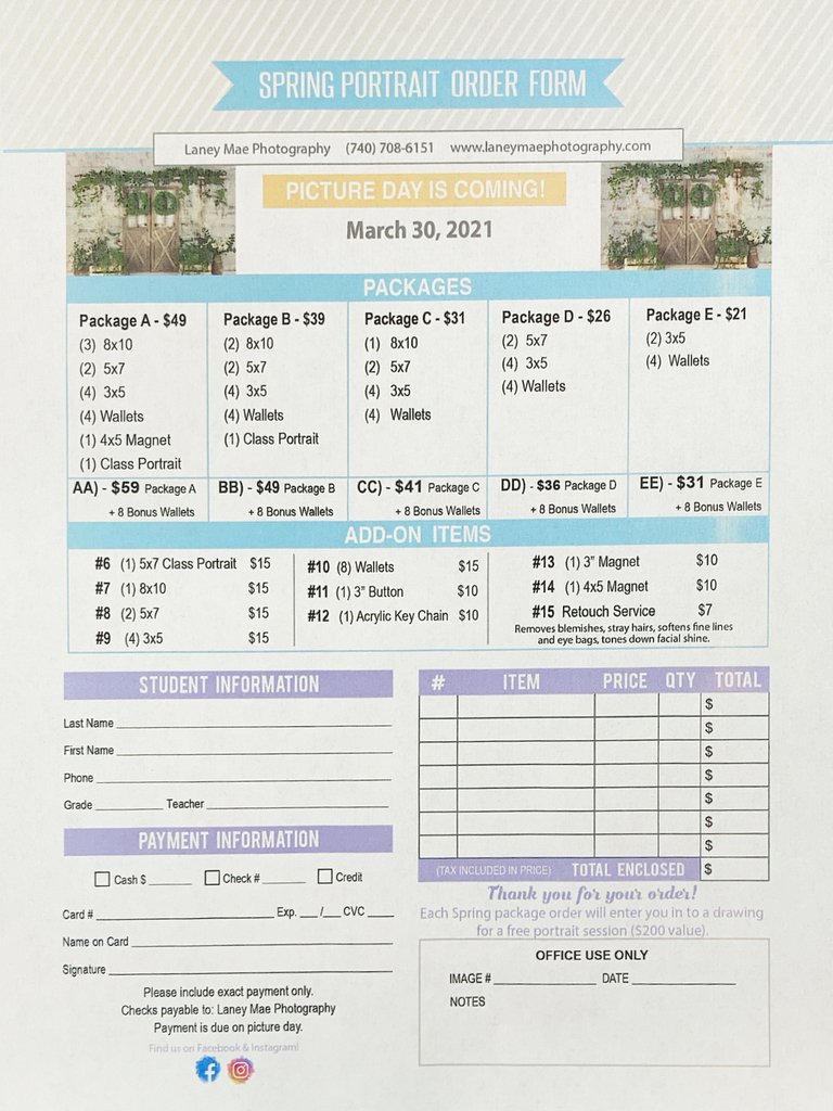 Spring Pictures for High School are Tuesday, March 30
Picture forms in office. Payment due day of pictures.