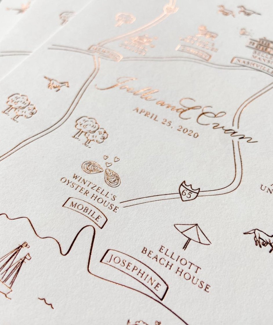 I started my calligraphy journey creating maps like this one. They're an adorable, unique way to spruce up a save the date or add to your guests' welcome bags/baskets with the weekend itinerary on the other side. Visit bit.ly/2KnOJbW for full details on our custom maps