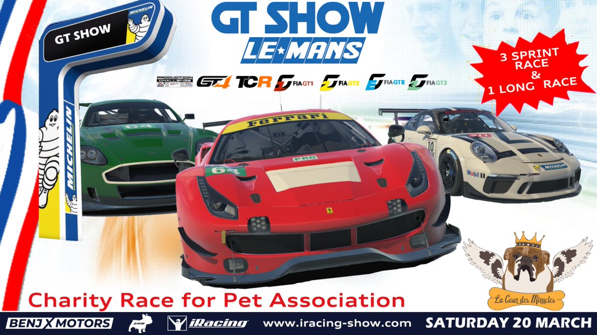 Samedi studieux en vue.

D'abord avec le GT show, événement multi-courses pour l'association animalière La cour des Miracles, organisé par la <a href="/V10R_esport/">V10R e-sport</a>.

Sprint en GT1 puis endurance en GT3 sont à notre programme en compagnie de <a href="/LouisDeletraz/">Louis Delétraz</a>.

Infos: iracing-show.com