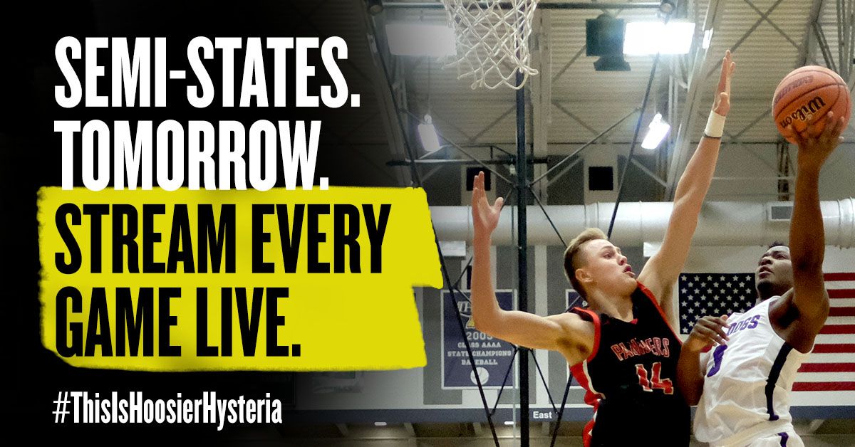 Got a favorite team in tomorrow’s Semi-State? Want to attend in person but can’t get a ticket? Can’t wait to see which teams make it to the State Finals? Get all the answers all day long at IHSAAtv.org. $10 a game or $15 for an all-access pass. #ThisIsHoosierHysteria