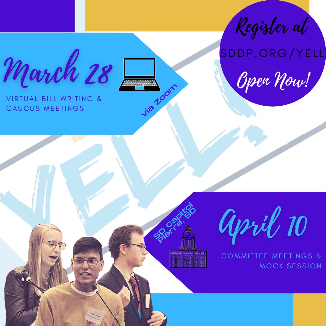 SoDakDems's tweet photo. Spread the word to SD high school students. YELL! takes them thru the process of creating bills &amp; ushering them thru the legislative process. Democratic legislators help with the event. This year will be a hybrid model with virtual &amp; in-person social-distanced, masked components. https://t.co/DiNly1UFkZ