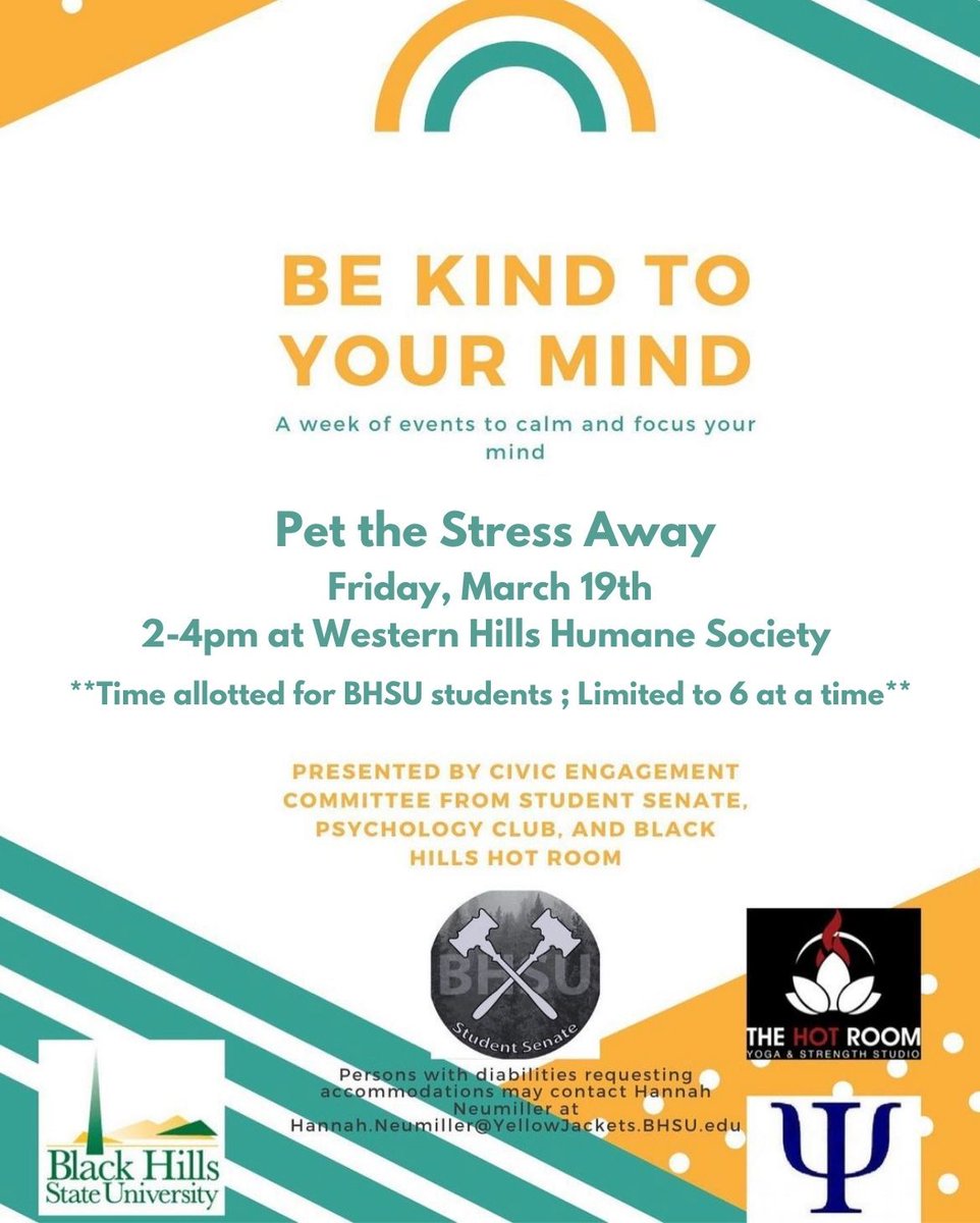Last day of Be Kind to Your Mind: A week of events to calm and focus your mind!!
 
Pet the Stress Away at the Western Hills Humane Society today anytime from 2-4pm!