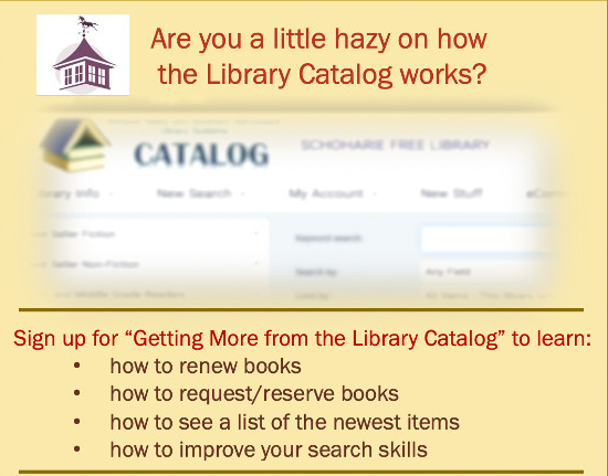SchoharieLib's tweet photo. It's not too late to sign up for the "Getting More from the  Library Catalog" program scheduled for 4:00 pm this Saturday, March 20. Sign-up at https://t.co/IRbazTNmUa https://t.co/83TcFoXqMS