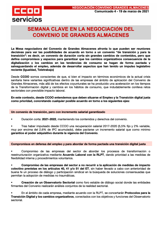 CCOOCarrefour's tweet photo. 📄 COMUNICADO 4º
 
La Mesa negociadora del Convenio de Grandes Almacenes afronta lo que pueden ser reuniones
decisivas para ver las posibilidades de acuerdo en torno a un convenio “de transición y para la
transición”. 
Sigue hilo 🧵 👇🏻 https://t.co/96PwJC5Wmx
