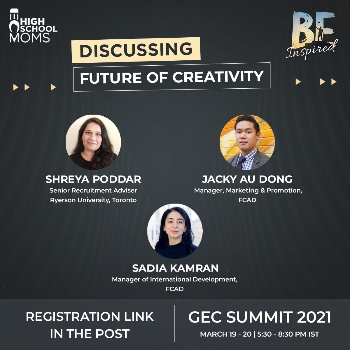 What does Future of Creativity look like? Catch <a href="/RyersonU/">Ryerson University</a> at #gecsummit 2021. Register Now! lnkd.in/d9tFzJA

See how we're supporting the organization 'High School Moms' and INACE.ORG

<a href="/shreyapoddar/">shreya poddar</a>
@SKamran33
<a href="/jauduong/">Jacky 歐陽</a>