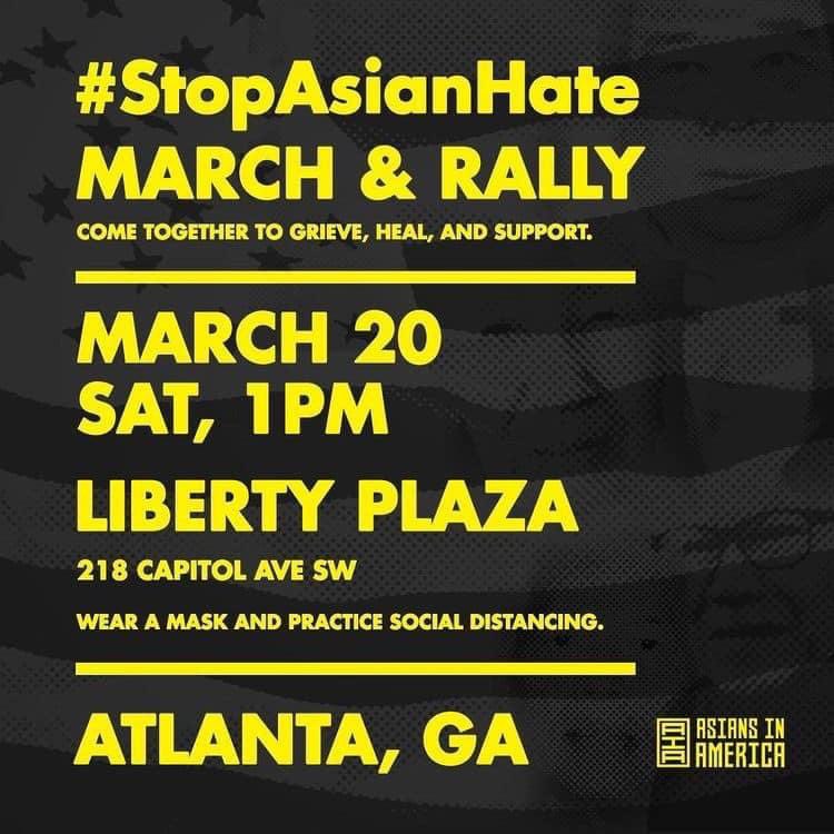 Stop Asian Hate ATL March and Rally, Tomorrow at 1 PM. Come together to work towards healing and support for our community experiencing this trauma. For more details visit: facebook.com/events/8827390… #StopAAPIHate #StopAsianHate
