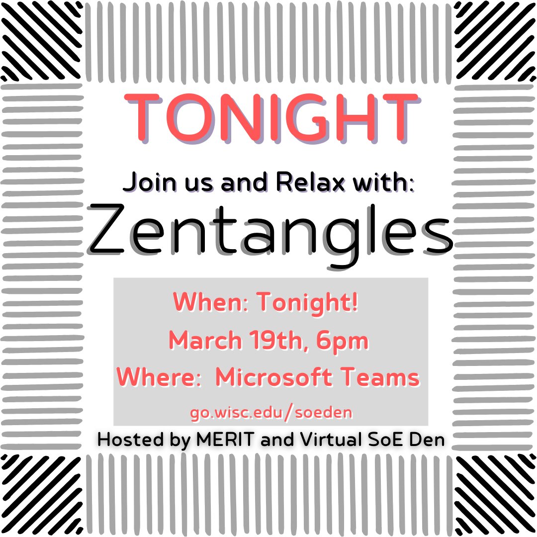 MERIT_Library's tweet image. Join MERIT and the SoE Virtual Den for Zentangles, a mindful doodling process TONIGHT,  March 19 at 6pm.

Grab a  pencil, a few pieces of paper (post-it note / square size), and join here: go.wisc.edu/soeden