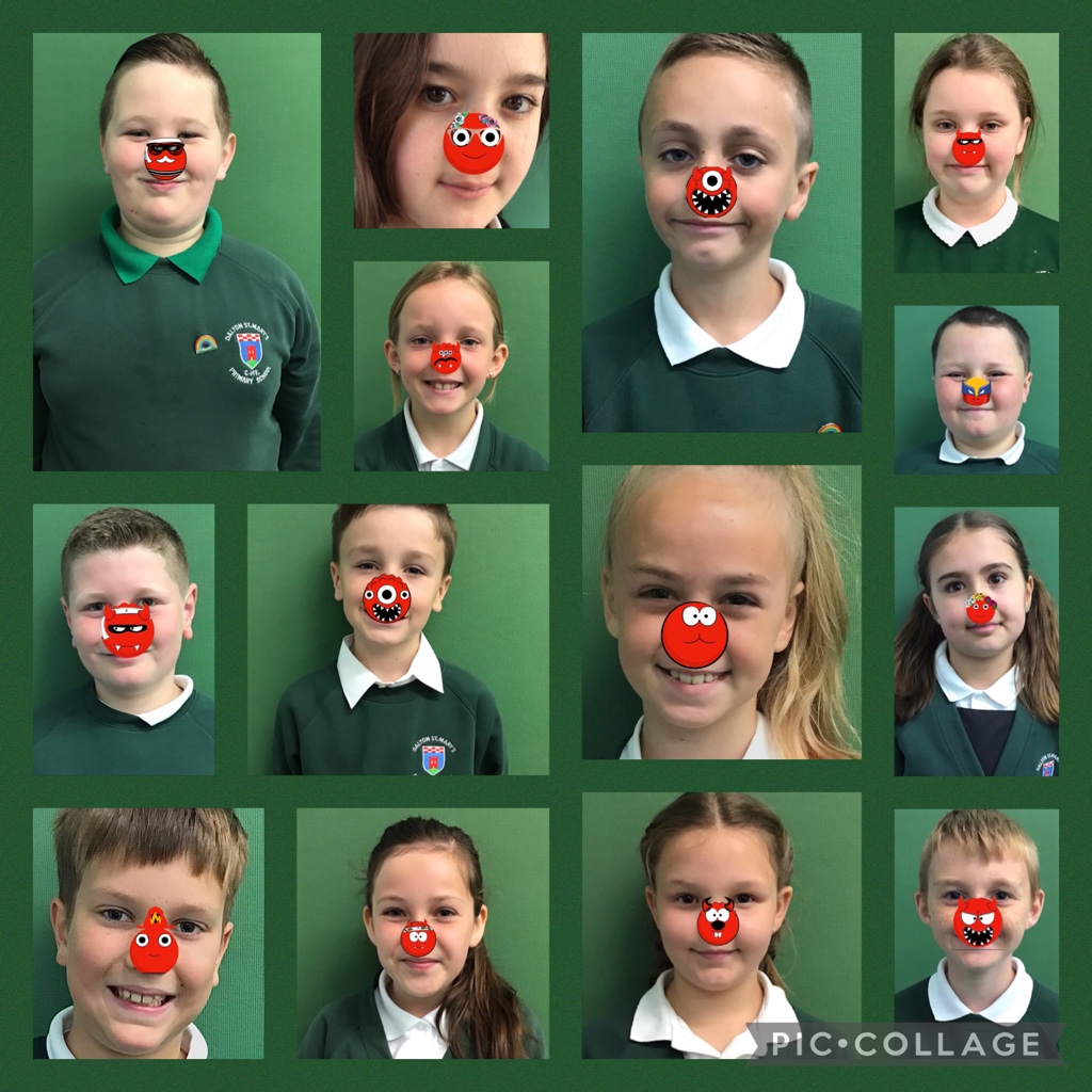 DaltonStMarys's tweet photo. How cute do our Year 5 children look with their own personalised digital red noses! @BenHaydenEDU gave us his super #AppleKeynote so we could get creative to support #comicrelief #AppleDistinguishedSchool #digitalskills #supportingagoodcause https://t.co/0iTxvGMYD4