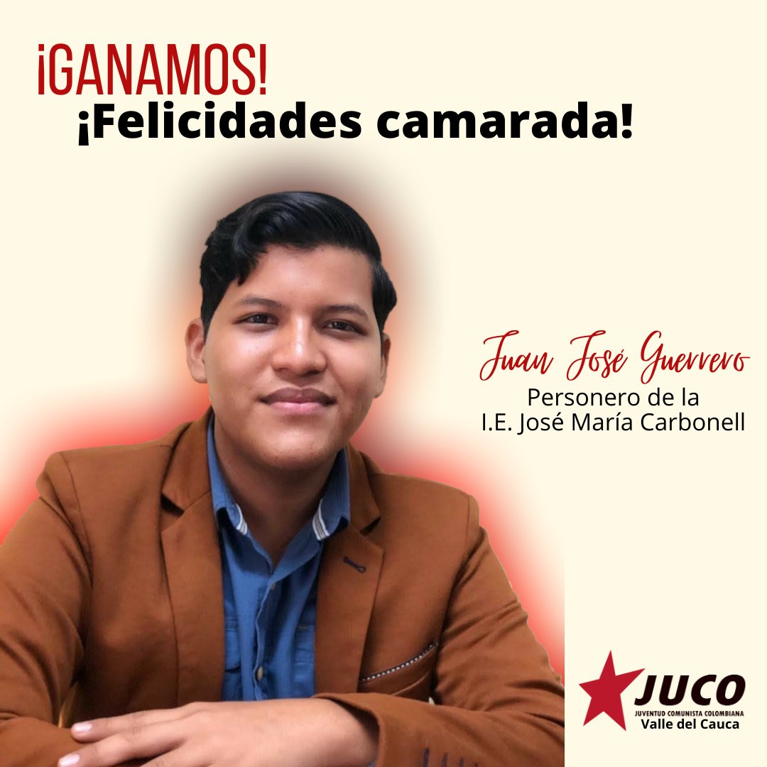 #Atención 🚨

Cada logro de los y las camaradas, es un logro de la organización, la lucha y la disputa constante. 

Felicitamos a nuestro camarada Juan José Guerrero por haber quedado elegido como #Personero de la I.E. José María Carbonell 🔥🚩

facebook.com/56758168009549…