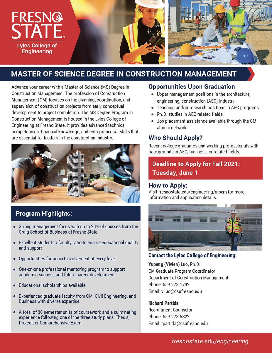 Are you a recent college graduate or a working professional with architecture, construction, engineering, business, or related background? Are you considering pursuing a graduate degree? Check out Fresno State's MSCM program.
Application deadline for Fall 2021: Tuesday, June 1