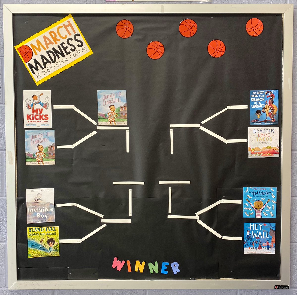 msmitrovichLMES's tweet photo. Day 1 of Ms. Mitrovich’s March Madness Picture Book Tournament is in the books! The Quickest Kid in Clarksville won by a landslide. Stay tuned for the next round!! 🤗🏀 https://t.co/dufUBC0hAP
