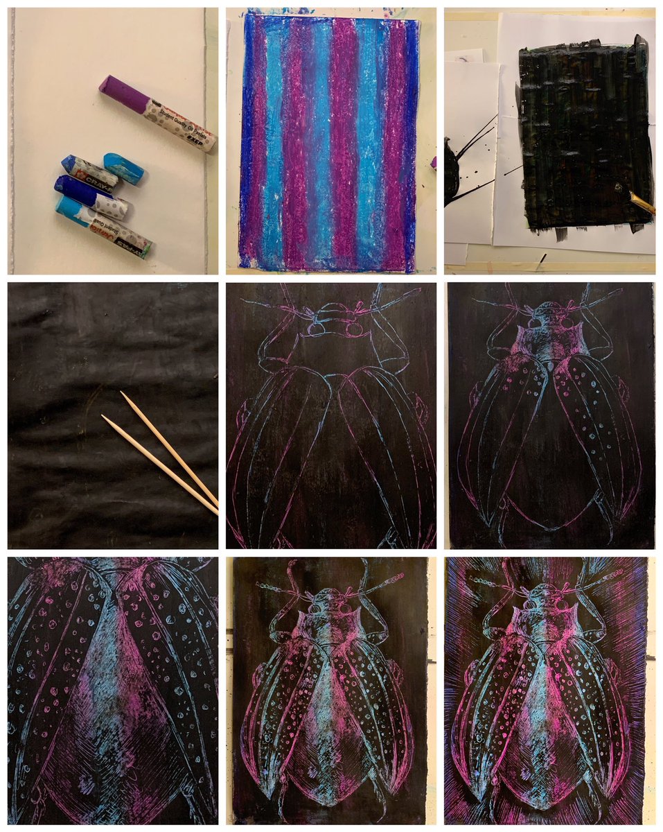 LouiseClazey's tweet photo. A few people have asked again for the link to this oil pastel sgraffito video demo that I made for our Y7 as part of their insect project. Obviously you can change the subject matter to suit different projects🙂
https://t.co/LXLJz1srL3 https://t.co/dOyZl4FOi9