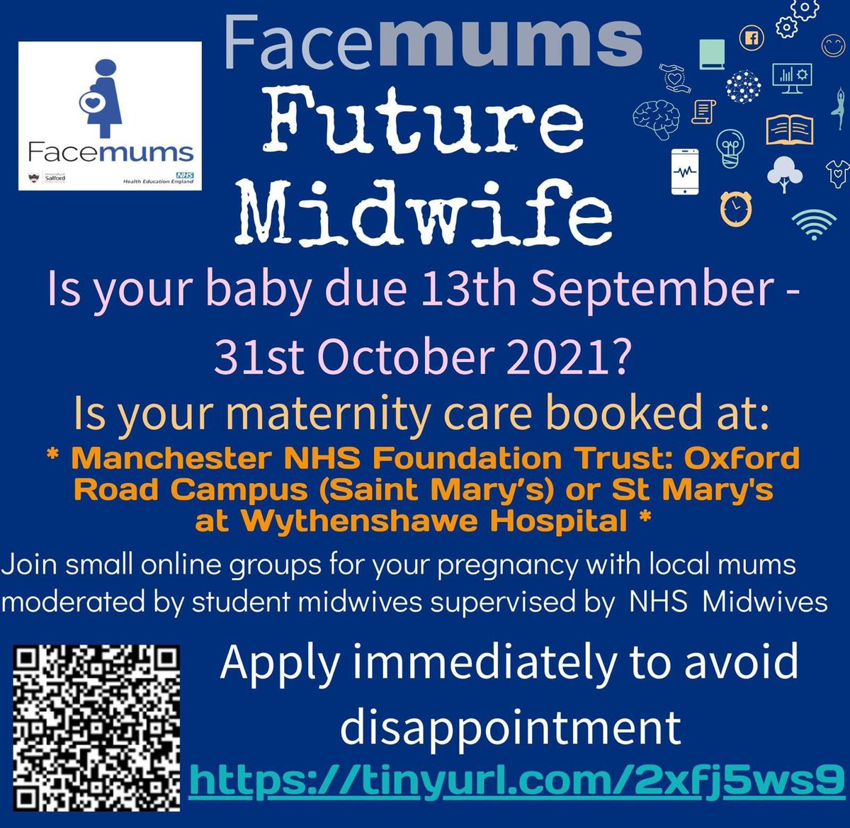 #RT The <a href="/facemums/">Facemums</a> evidenced based model of #continuity for #StudentMidwife #Caseholding is piloting in #GreaterManchester 

#Pregnant #DueDate 13/9/21-31/10/21

🚀Limited Places available in #Manchester 

#FutureMidwife #Learning #NHSMidwives #Collaboration #Community