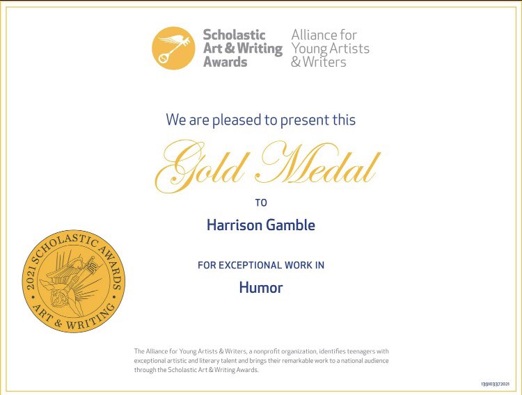 BeierHms's tweet image. Extremely proud of 8th grader, Harrison Gamble, who received a Gold Medal in the National Scholastic Writing contest.  Harrison wrote a humor piece about a dogs perspective on COVID.  @FTSchools @FTHighlandsMS