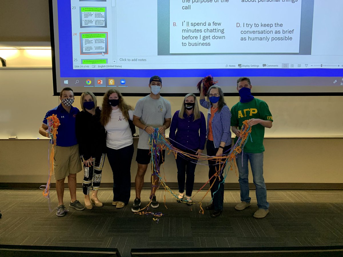 UFCALS's tweet photo. For CALS Teacher and Advisor Appreciation Week, students nominated their teachers for a surprise class visit on Zoom or in person. @UFCALSDean joined @AGR_UF and @UFSigmaAlpha to bring a 5 minute party to class and show our appreciation for our teachers and advisors. #ThankYou!🎉 https://t.co/X4vmRnO8Ey