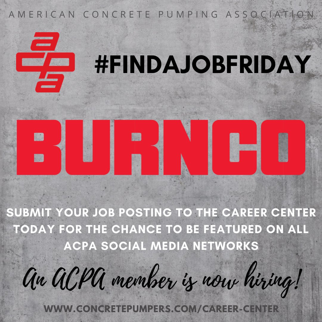 ACPA (@acpapumpers) on Twitter photo #FindAJobFriday featuring <a href="/BURNCOROCK/">BURNCO Rock Products</a> π₯
Every Friday the ACPA will feature a member who has a job posted on the Career Center!
Visit concretepumpers.com/career-center to view jobs/ post a job if youβre a member!
#acpapumpcareers #membershipmatters #concretepumps #cdljobs #truckingjobs #FindAJobFriday featuring <a href="/BURNCOROCK/">BURNCO Rock Products</a> π₯
Every Friday the ACPA will feature a member who has a job posted on the Career Center!
Visit concretepumpers.com/career-center to view jobs/ post a job if youβre a member!
#acpapumpcareers #membershipmatters #concretepumps #cdljobs #truckingjobs