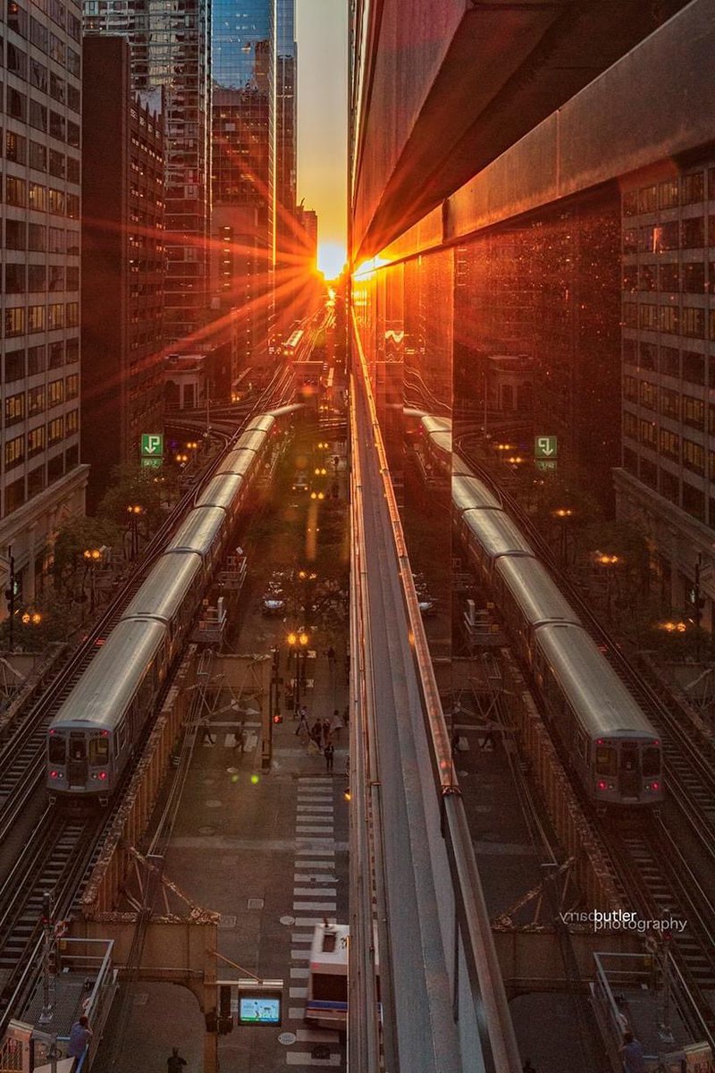 Tomorrow is Spring!  And it's the Vernal Equinox.  In this city, it creates Chicagohenge as the sun aligns perfectly with the east-west street grid...and CTA rails. Click photo to see whole image.  #chicagohenge #VernalEquinox #SpringEquinox #chicago