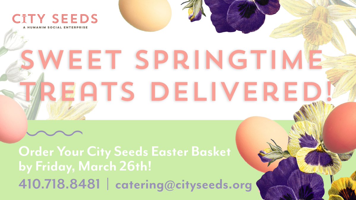 City Seeds’ Easter “Baskets” are now available to order. Gift your friends, family &amp; colleagues a curated box of sweet, springtime treats - filled w/ classic flavors of the season! View/Download Menu: cityseeds.org/holidaymenus/ &amp; Order Today! catering@cityseeds.org | 410.718.8481