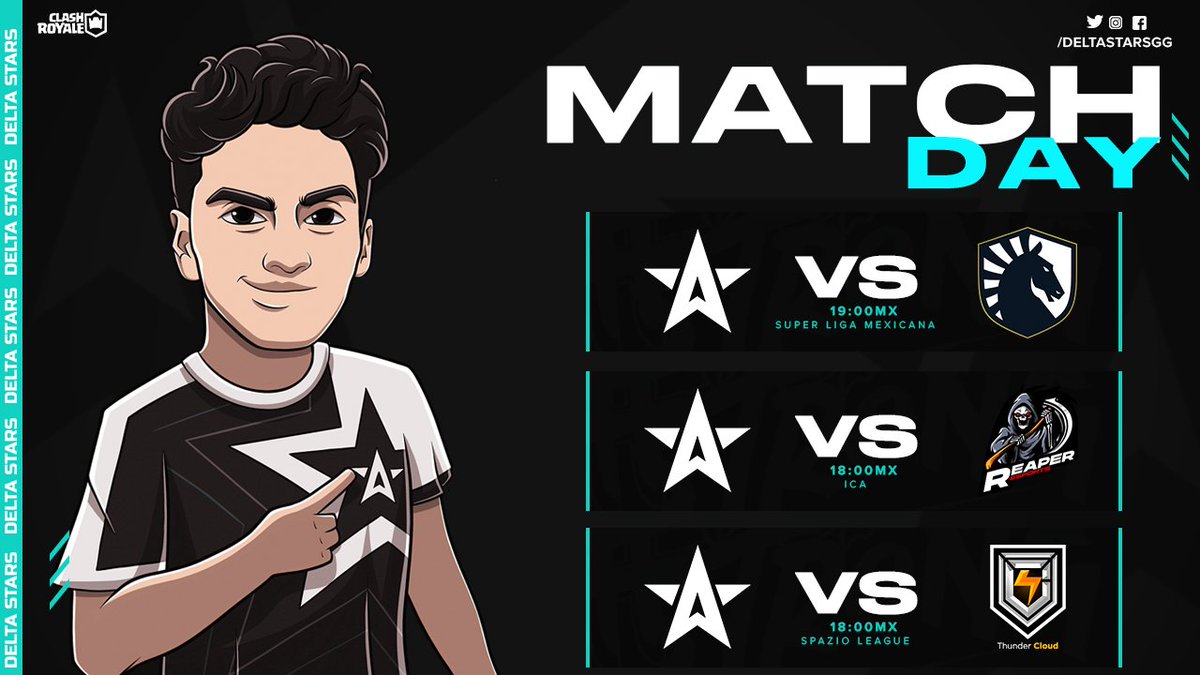 #CR • ¡DÍA DE JUEGO!

¡Tenemos triple jornada para nuestras estrellas que lo darán todo por salir victoriosos! ⚔️

🆚 <a href="/TeamLiquid/">Team Liquid</a>
🏆 <a href="/eGamersGG/">eGamers 🇨🇱</a>
⏰ 7:00 PM 🇲🇽

🆚 @ReaperGG_
🏆 <a href="/ITCRA_/">ICA</a>
⏰ 6:00 PM 🇲🇽

🆚 <a href="/ThunderCloudOrg/">Thunder Cloud⚡</a>
🏆 <a href="/Spazioleague2/">SpazioLeague</a>
⏰ 6:00 PM 🇲🇽

#DeltaisStrong 🌟