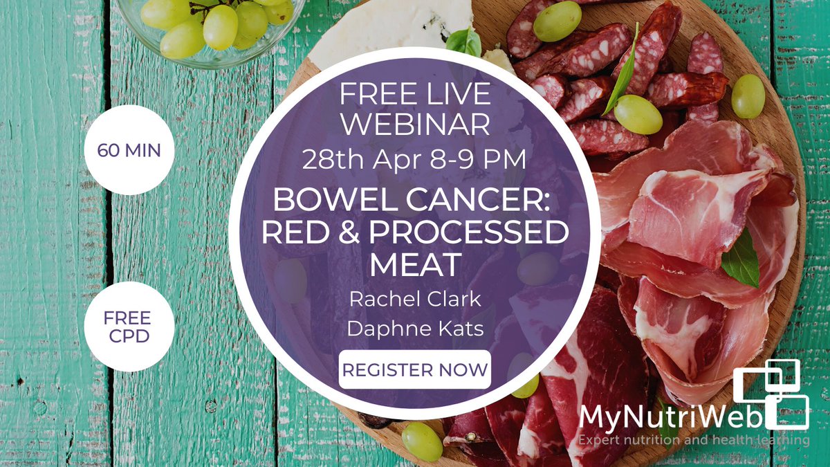 #SaveTheDate📅 28 April, 8-9PM

🥩 Live webinar exploring the link between red &amp; processed meat &amp; #BowelCancer with <a href="/WCRF_UK/">WCRF</a> expert speakers Rachel Clark &amp; Daphne Kats  

Learn more &amp; sign up for free: bit.ly/3lv8oH2
#MyNutriWeb #CancerAndMeat

<a href="/BDA_Dietitians/">British Dietetic Association</a> <a href="/Afn_UK/">AfN</a>