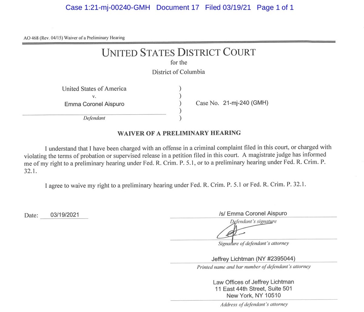 Update on Emma Coronel Aispuro, wife of El Chapo:

Just filed in Washington, DC federal court — she waives her right to a preliminary hearing, still has not entered a plea to the charges against her. https://t.co/dqnCnmnTHh