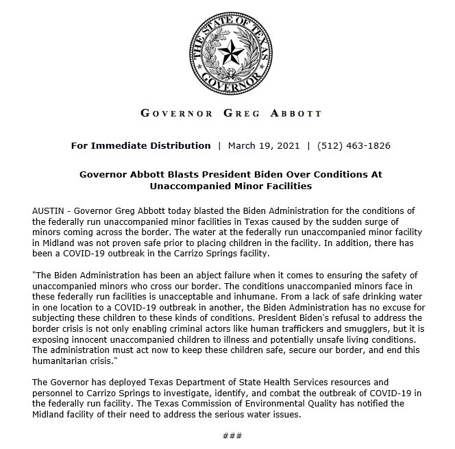 The Biden Admin. has turned a humanitarian crisis into a complete disaster. 

One location where migrants are housed has no clean running water &amp; has a massive Covid outbreak. 

Another location also has a massive Covid outbreak.

They were unprepared for open border policies.