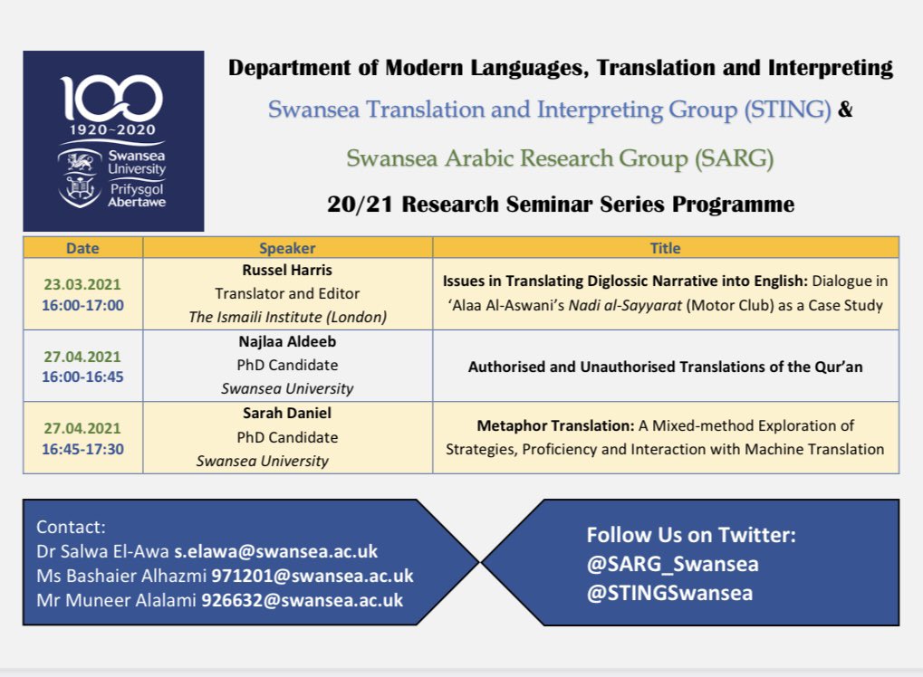 STINGSwansea's tweet photo. Can’t wait to welcome Russel Harris who will give us a talk on Issues in Translating Diglossic Narrative into English: Dialogue in ‘Alaa Al-Aswani’s Nadi al-Sayyarat (Motor Club) as a Case Study

🗓 23.03.2021
⏰ 16:00 GMT

#translation #translator #PhD #المترجم_في_خدمة_المترجم https://t.co/NfUfzkBXXi